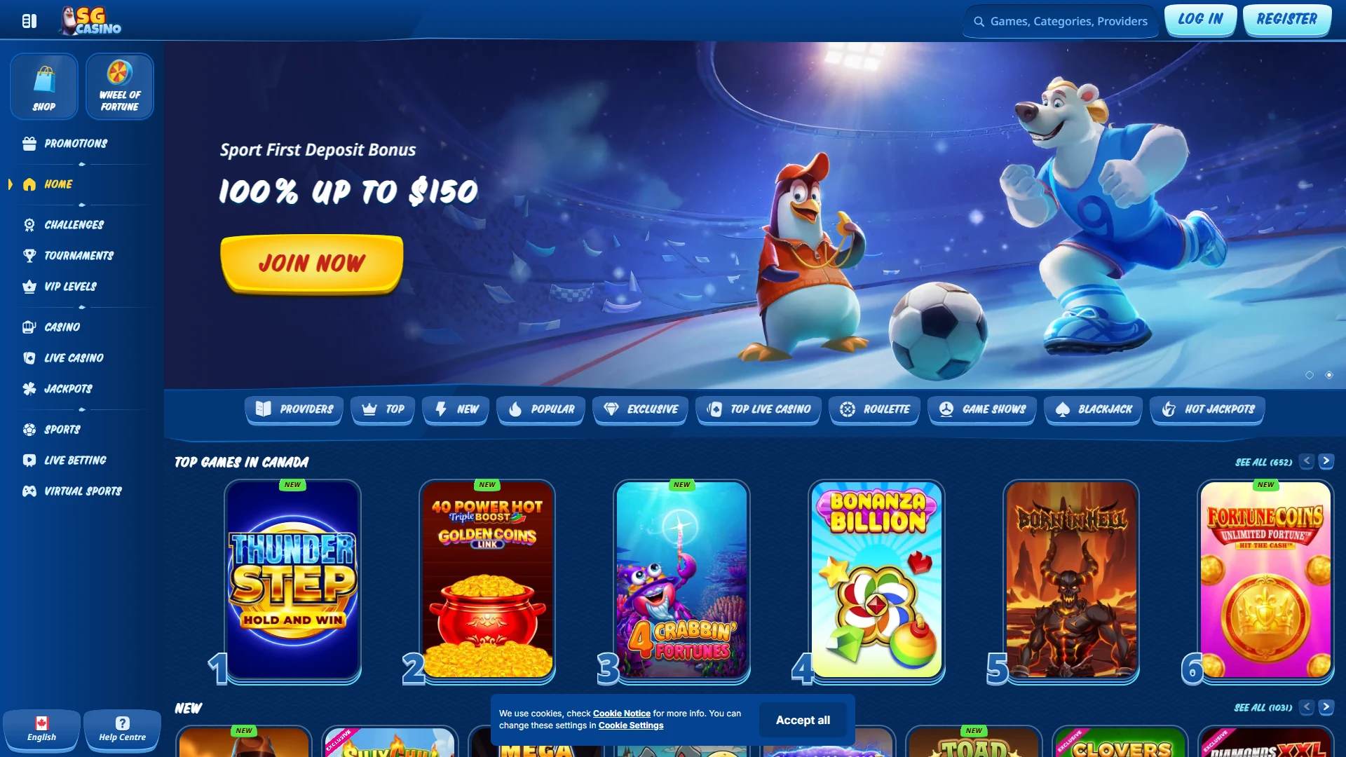 SG casino lobby on desktop